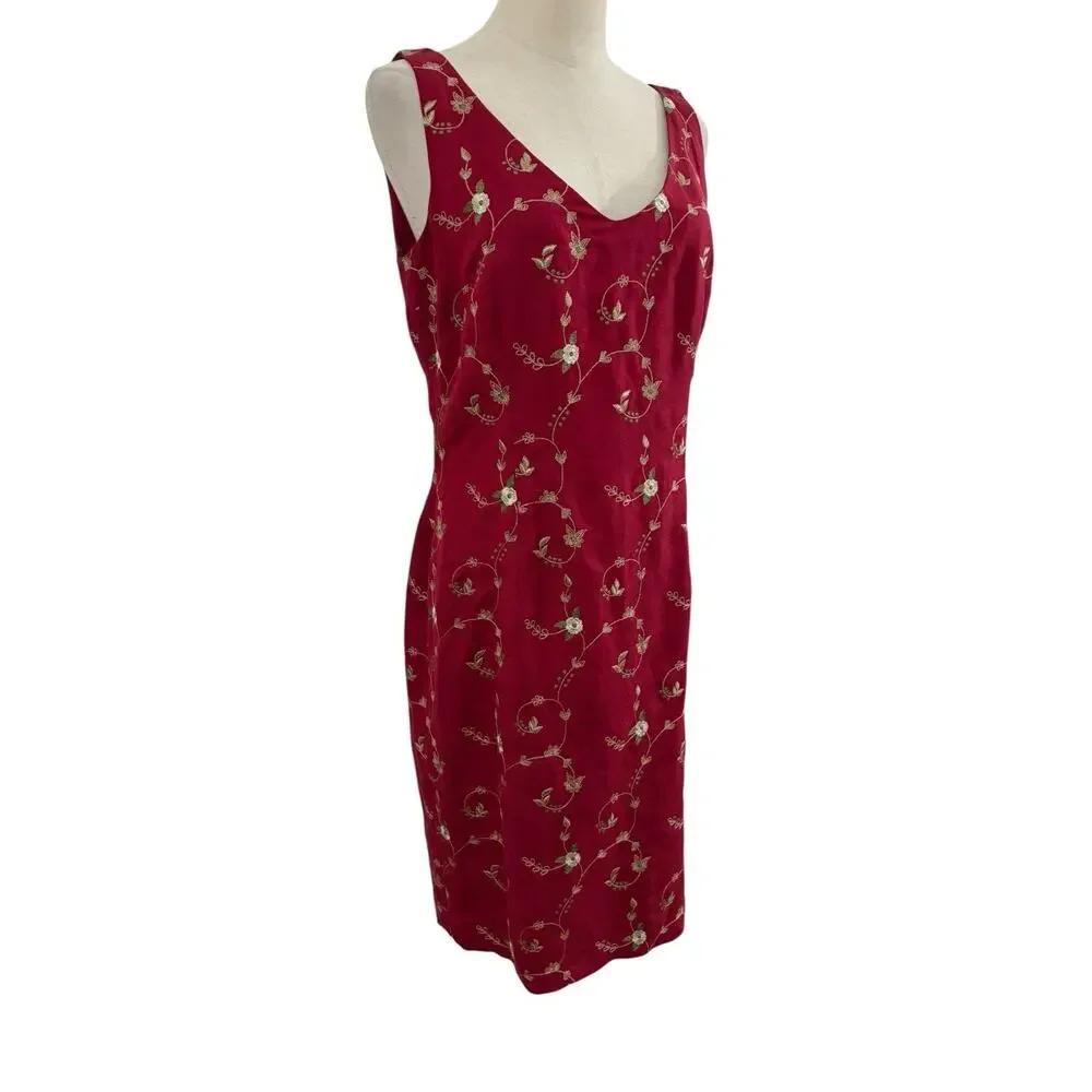 Vtg 90s Maggie London‎ Linen Blend Red Dress Sheath Embroidered Floral Sz 8 Y2K